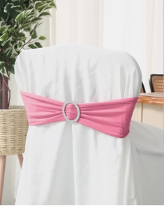 Close-up of pink spandex chair sash with a sparkling silver rhinestone oval buckle