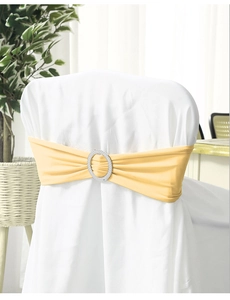 Detail of light gold elastic chair sash with silver rhinestone buckle for wedding banquet