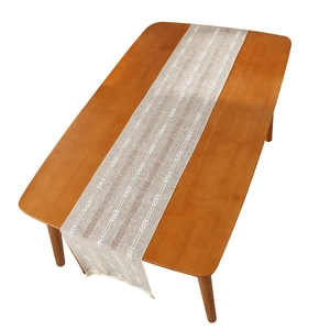 Nordic beige cotton linen table runner with brown stripes, geometric weaving and tassels