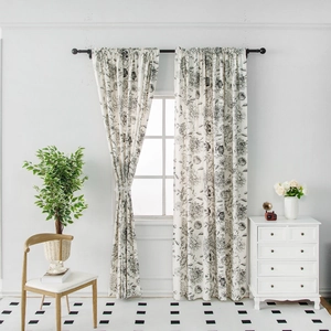 Floral French style cotton linen curtains with vintage black flower print for living room
