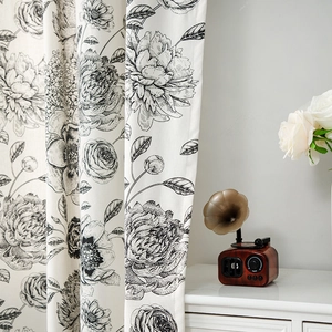 French floral cotton linen curtain with black and white peony sketch in room setting