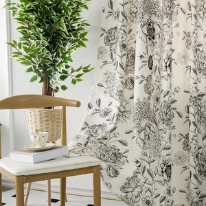 French floral cotton linen curtains featuring elegant black flower sketches on beige fabric