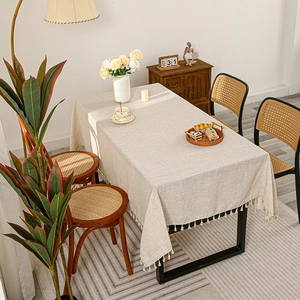 Nordic Rectangular Tablecloth With Tassels Polyester Linen Texture Modern Simple Solid Color Stripes Table Cover For Dining Room Kitchen