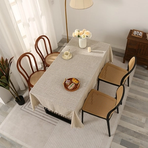 Minimalist beige linen tablecloth with elegant fringe tassels for rectangular dining tables