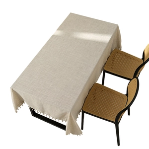 Modern minimalist striped tablecloth with fringe tassels in beige linen fabric