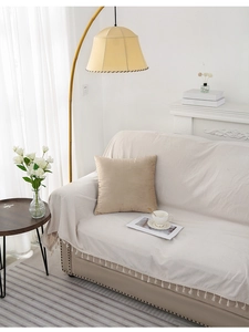 Detail of beige velvet cushion and cream white fringed throw blanket on a sofa