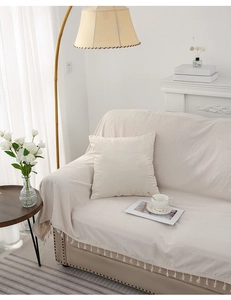 Close-up of cream-colored velvet cushion covers and textured sofa throw with tassel edges