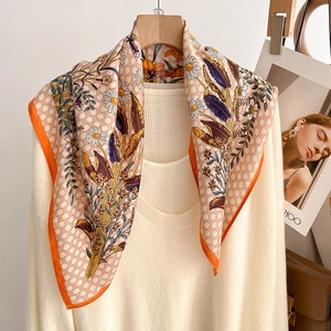 Fashionable checkerboard square silk scarf with floral prints and orange border