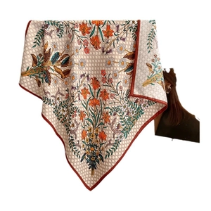 Checkerboard silk square scarf with orange lilies and daisies on beige background