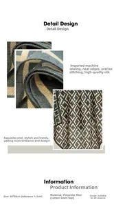 Detail view of 68x68cm square silk scarf with geometric maze pattern and neat stitching