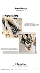 Detail view of square printed scarf featuring geometric stripes and mandala patterns