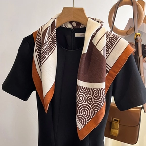 Elegant vintage geometric print square silk scarf in brown and caramel for women