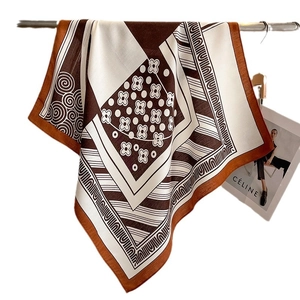 Elegant vintage geometric floral square silk scarf with brown border in soft drape