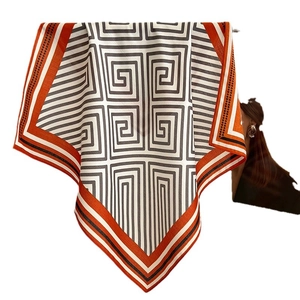 Square silk scarf with grey geometric maze pattern and orange border for women