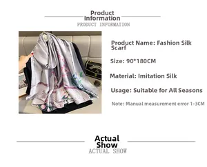 Detail view of 90x180cm faux silk shawl with floral lotus print and size specifications