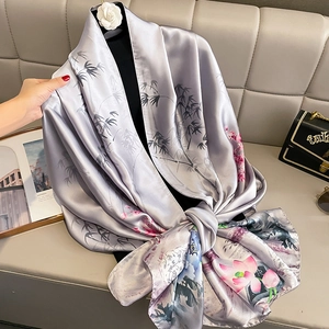 Elegant Faux Satin Scarf Shawl Polyester Soft Warm Floral Ink Painting Long Wrap Fashion Versatile Accessory Women