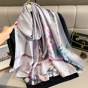 Elegant silver-grey silk scarf with pink lotus and bamboo ink patterns in long shawl style