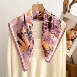 Fashionable lavender silk square scarf with orange floral and butterfly art patterns