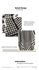 Detail of 68x68cm black and white houndstooth scarf with machine-stitched edges