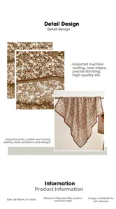 Close-up of floral square scarf with refined hem detail and 68x68cm size specs