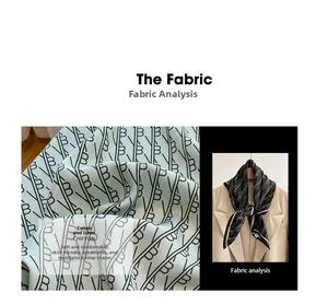 Detail view of light blue and black letter print scarf in cotton linen and chiffon fabric