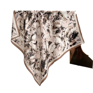 Elegant floral print square silk scarf in beige and brown with retro botanical patterns