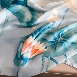 Elegant lotus silk scarf featuring traditional Chinese art print and satin texture finish