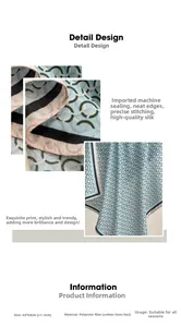 Detail view of polyester silk scarf with vintage chain print and machine hemmed edges
