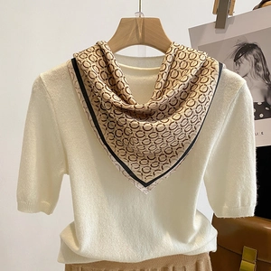 Short-sleeve beige knit sweater with printed square neck scarf set for elegant women