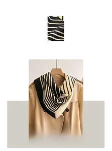 Detailed macro texture of striped cotton-linen scarf and full view on khaki coat