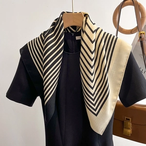 Women Square Scarf Polyester Satin Feel Geometric Stripe Pattern Bandana French Style Elegant Neck Scarf For Fashion Commuting