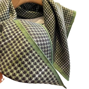 Classic green and black houndstooth pattern square scarf for women with hemmed edges