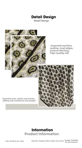 Detail of 68x68cm polyester square scarf showing paisley print and edge stitching quality