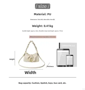 Detailed size chart showing dimensions and capacity of the ruched cloud shoulder bag