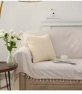 Detailed view of cream pleated cushion cover texture on soft fabric with fringe accents