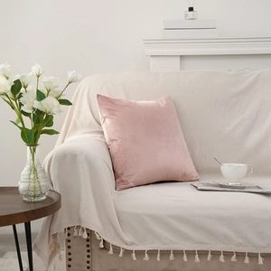 Modern pink velvet square cushion cover displayed on a minimalist sofa in a cozy home setting