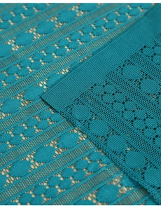 Detailed macro view of teal lace tablecloth with circular dots and striped pattern