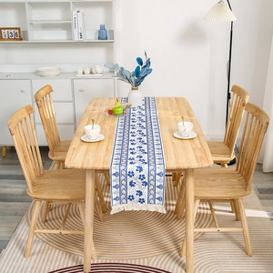 Modern Minimalist Polyester Table Runner Tassels Nordic Blue White Grid Floral Pattern Dining Room Wedding Party Home Decor