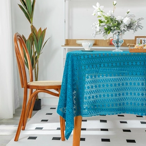 Luxuriöse Polyester Spitze Tischdecke Rechteckig Gehäkelt Geometrisches Muster Marineblau Staubdicht Heim Esstisch Deko