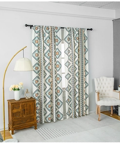 Beigefarbene Vorhänge im Boho-Stil aus Baumwollleinen mit geometrischem Rautenmuster