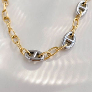 Two-tone mixed link chain necklace with gold textured loops and silver pig-nose anchor links
