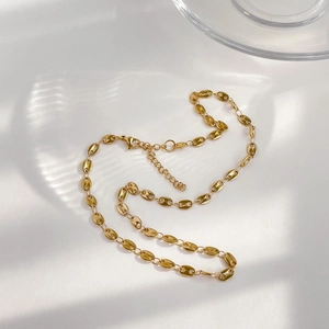 Detailed view of golden pig nose link chain with lobster clasp and extension on white base