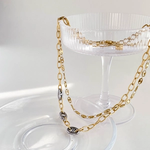 Close-up of golden and silver piggy nose buckle chain on elegant glass dishware