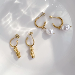 Boucles D'oreilles Pendentif Art Corporel Acier Inoxydable Plaqué Or 18K Künstliche Perle Baroque Créoles Vintage Abstrait Femme