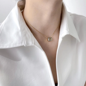 Minimalist Square Zircon Pendant Necklace Titanium Steel Gold Plated Geometric Clavicle Chain Jewelry For Women