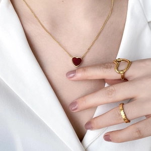 Heart Pendant Necklace Titanium Steel Gold Plated Red Agate White Cat Eye Stone Simple Romantic Jewelry For Women
