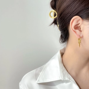 Close-up of golden multi-layered hoop earrings and hair clip worn by a model