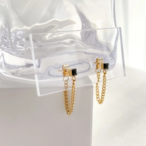 Elegant gold square black zircon earrings with dangling chain links for women fashion
