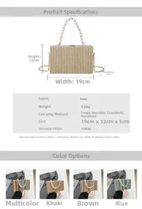 Detailed view of straw crossbody bag dimensions 19x12x5cm with pearl handle and chain