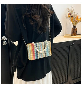 Rainbow woven box bag with pearl handle and gold chain strap shown on model's shoulder